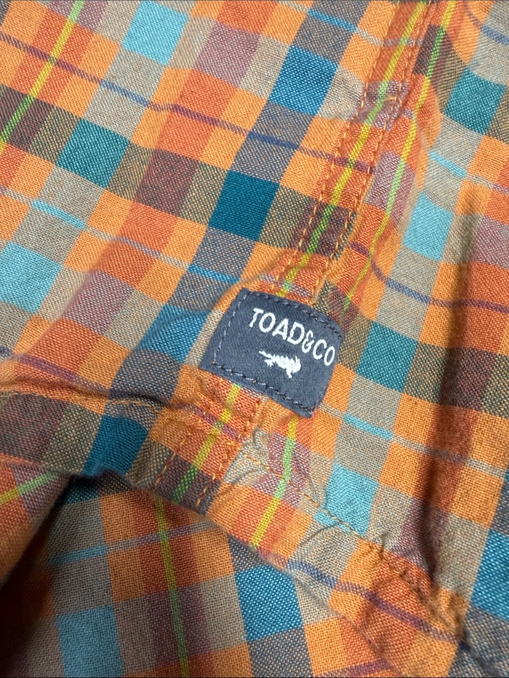 Toad&Co Orange and Teal Plaid Short-Sleeve Button-Up Shirt - Picture 5 of 6